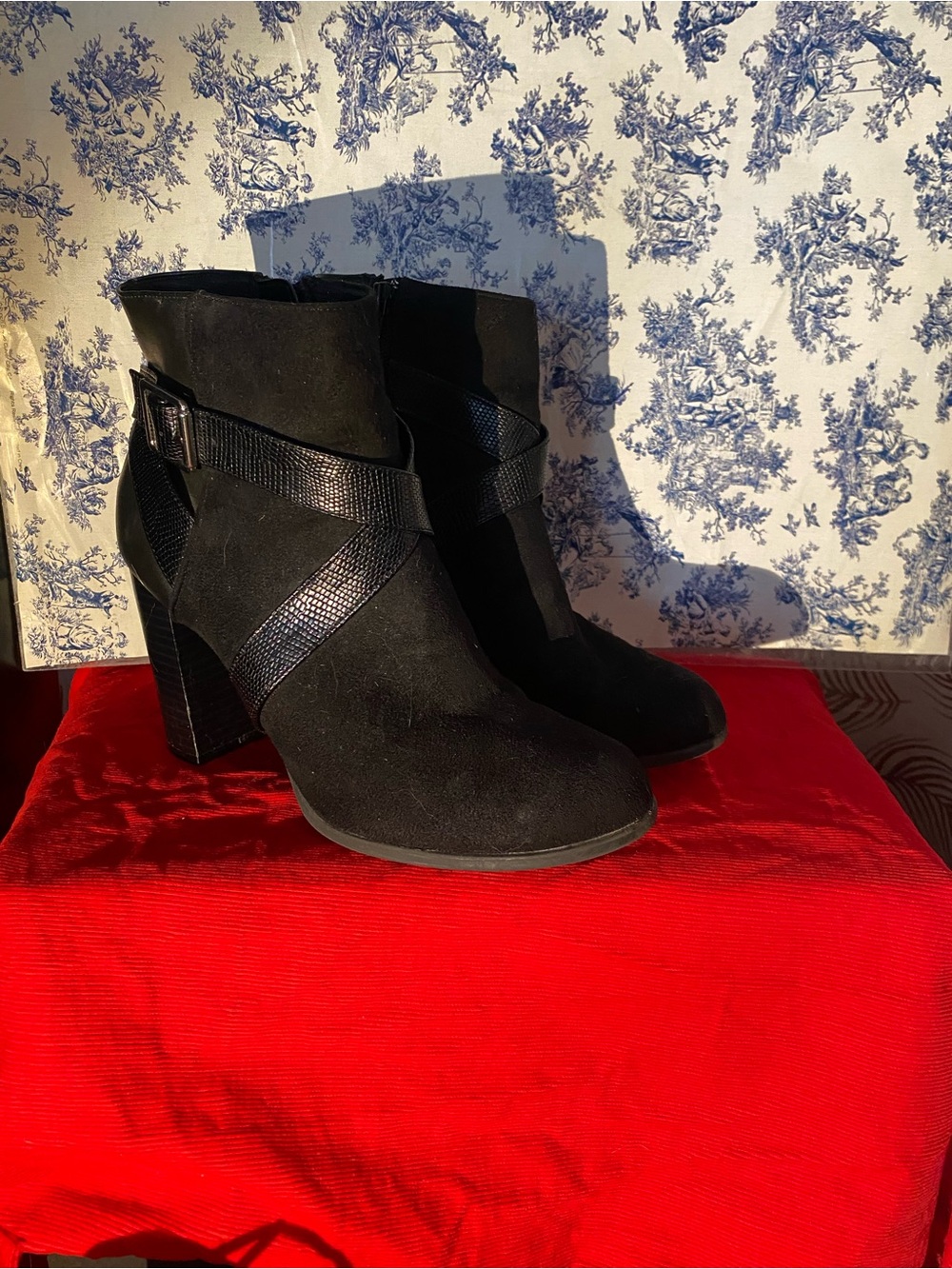 Christian Siriano Black Suede Ankle Boots with Wrap Strap